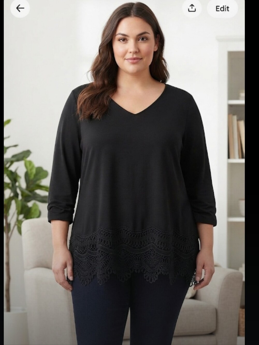 Entro Black V-Neck Lace-Hem Women’s Top
